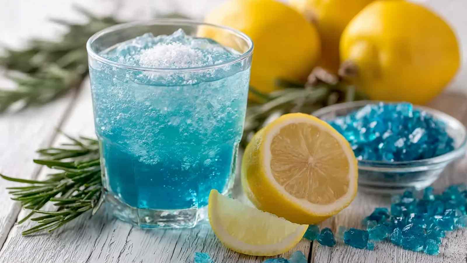 A vibrant blue drink with crushed ice and a sprinkle of white powder, garnished with rosemary and a lemon slice, surrounded by whole lemons and blue rock candy. This image visually represents the "salt trick for men in bed recipe," a natural drink designed to boost men's stamina and energy.