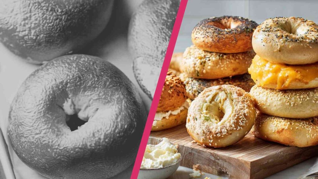 Protein-Packed Bagels You Can Actually Make at Home 2 Side-by-side comparison of classic plain bagels in black and white versus colorful high protein bagels with various toppings including everything seasoning, sesame seeds, and cream cheese on wooden cutting board