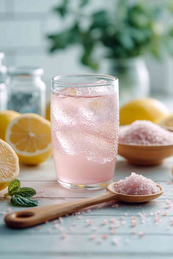 Close-up of a japanese pink salt recipe with baking soda drink surrounded by pink salt, lemon, and mint on a blue background