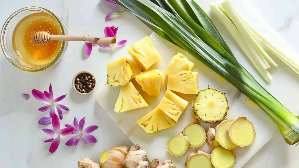 Costa Rican Tea Recipe with Pineapple & Ginger 22 Costa Rican Tea Recipe - Flatlay of pineapple chunks, lemongrass, ginger, honey, and peppercorns styled with purple tropical flowers.