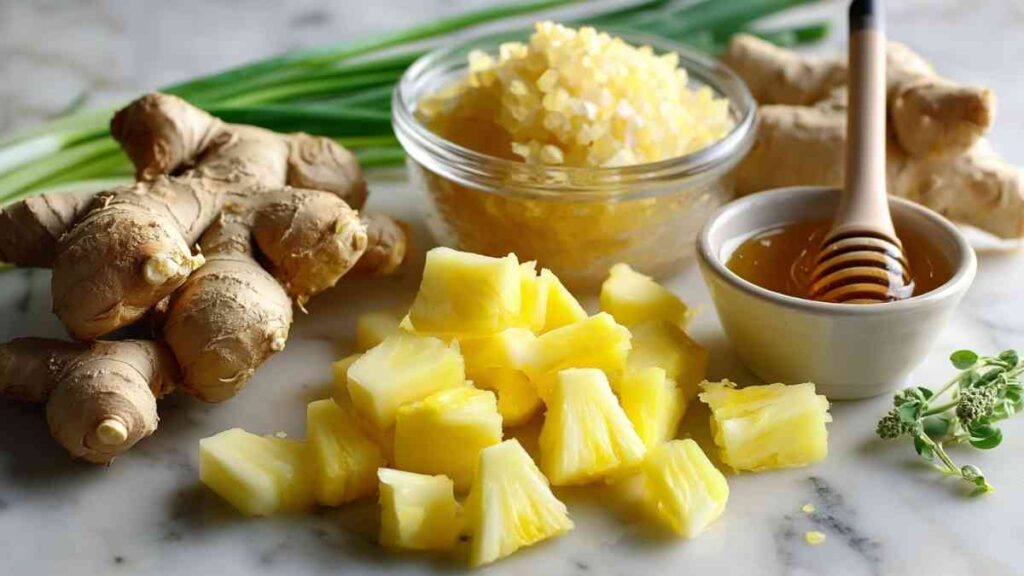Costa Rican Tea Recipe with Pineapple & Ginger 21 Close-up of fresh ginger root, pineapple chunks, lemongrass, and a bowl of raw honey with a honey dipper.