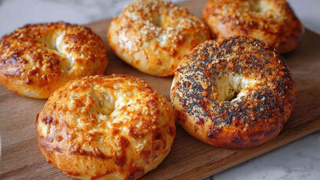 Golden brown homemade cottage cheese bagels topped with sesame, poppy seeds, and melted cheese, arranged on a wooden board.

