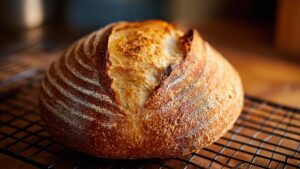 Fully baked bolted flour sourdough loaf with deep golden crust resting on a cooling rack