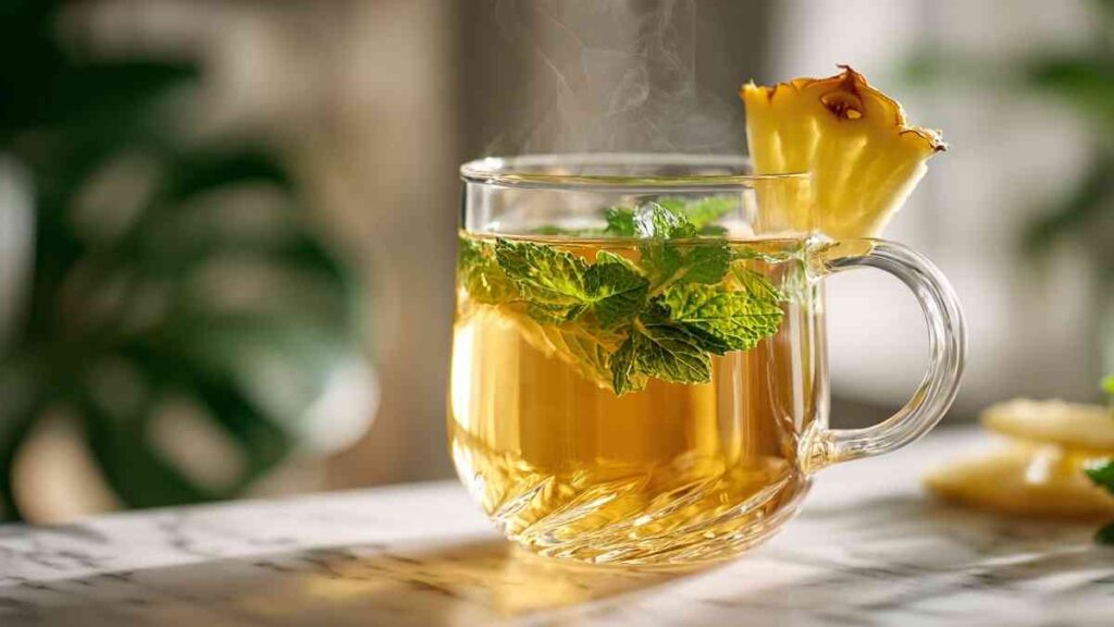 Costa Rican Tea Recipe with Pineapple & Ginger 25 Glass mug filled with golden Costa Rican Tea, garnished with mint leaves and a pineapple wedge, steaming on a marble surface.