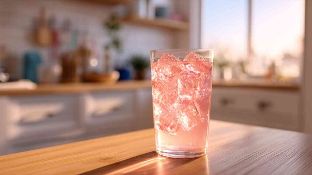 Glass of fully prepared pink detox drink with ice glowing in warm kitchen light