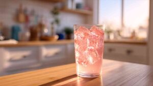 Glass of fully prepared pink detox drink with ice glowing in warm kitchen light