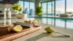 Grated ginger root and a spoonful of matcha powder on a kitchen counter with soft lighting.