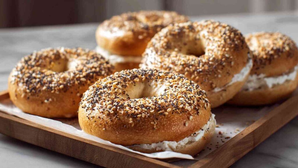 Golden Greek yogurt bagels topped with sesame and poppy seeds, filled with creamy cheese, arranged on a wooden tray.

