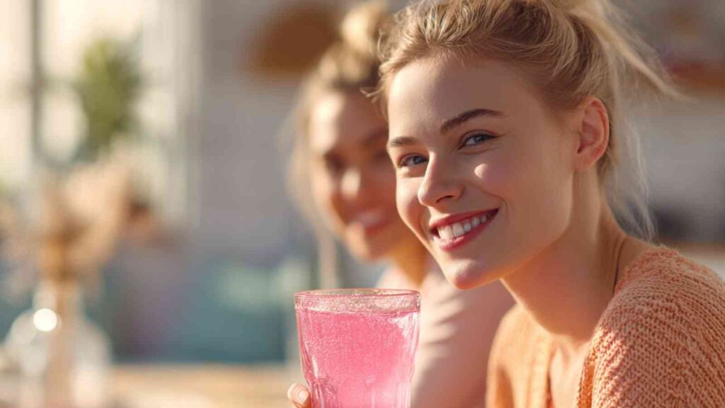 Happy woman holding a glass of pink detox drink, smiling in the morning light with another woman blurred in the background