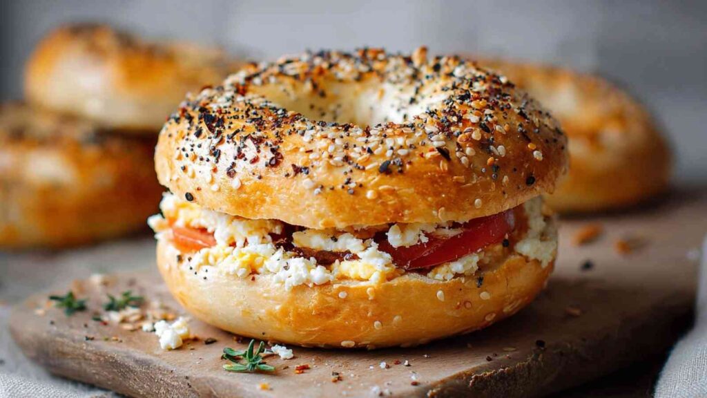 Freshly baked high-protein everything bagel sandwich filled with creamy cheese and fresh tomato slices, served on a rustic wooden board.

