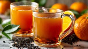 Two clear mugs filled with golden Costa Rican tea surrounded by fresh oranges and tea leaves on a marble counter.