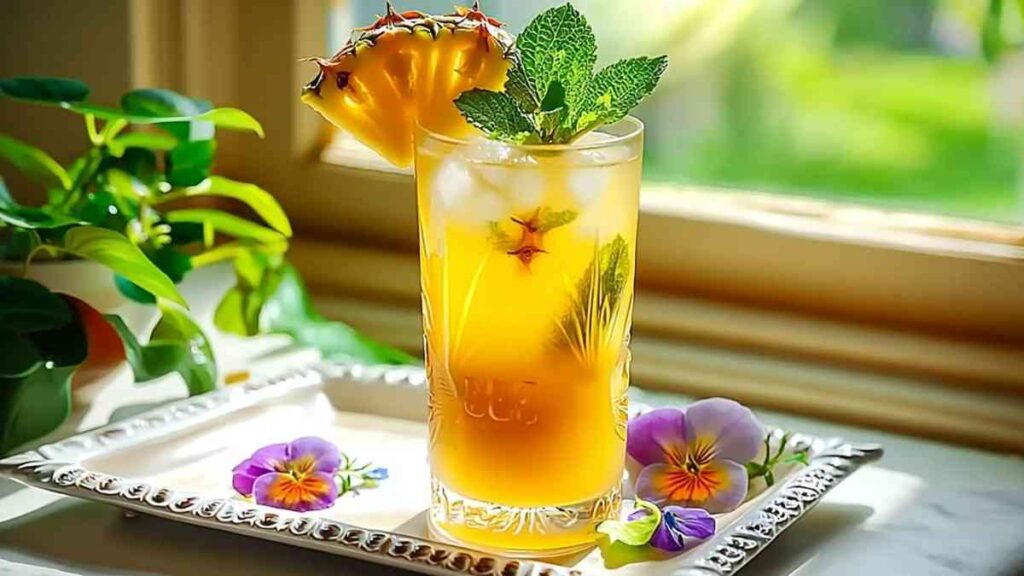Costa Rican Tea Recipe with Pineapple & Ginger 26 Tall glass of iced Costa Rican Tea with pineapple, mint, and edible flowers on a tray near a window.
