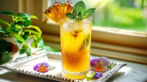 Tall glass of iced Costa Rican Tea with pineapple, mint, and edible flowers on a tray near a window.
