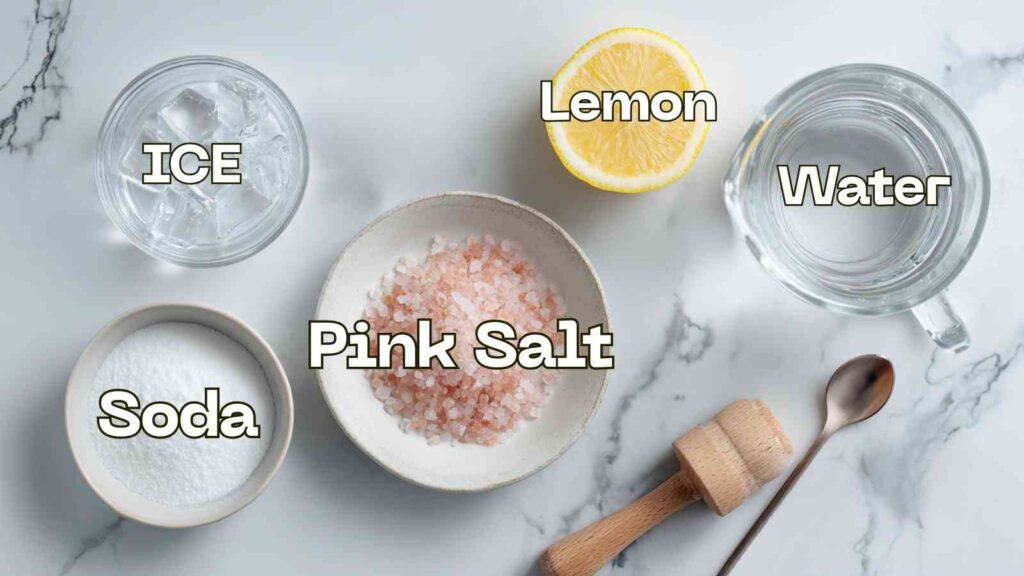 Flatlay of labeled ingredients: pink salt, lemon, soda, ice, and water in bowls and glasses on a marble countertop