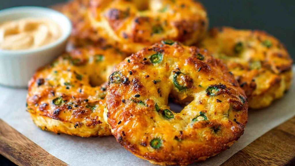 Golden jalapeño cheddar protein bagels with melted cheese crust and fresh jalapeño slices, served with a side of creamy dip.

