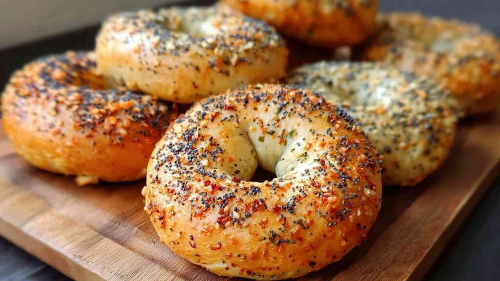 Golden keto high-protein bagels topped with sesame, poppy seeds, and herbs, baked to a chewy crust for a low-carb breakfast.

