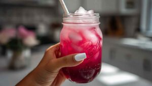 Close-up of a pink lotus drink in a mason jar, showing ice and a paper straw, with a focus on texture and cold freshness.
