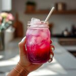 Hand holding a vibrant pink lotus drink in a mason jar filled with ice, with a paper straw in a bright kitchen setting.