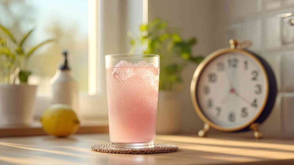 Chilled glass of Japanese pink salt drink on a sunny morning table with ice and a classic alarm clock in the background