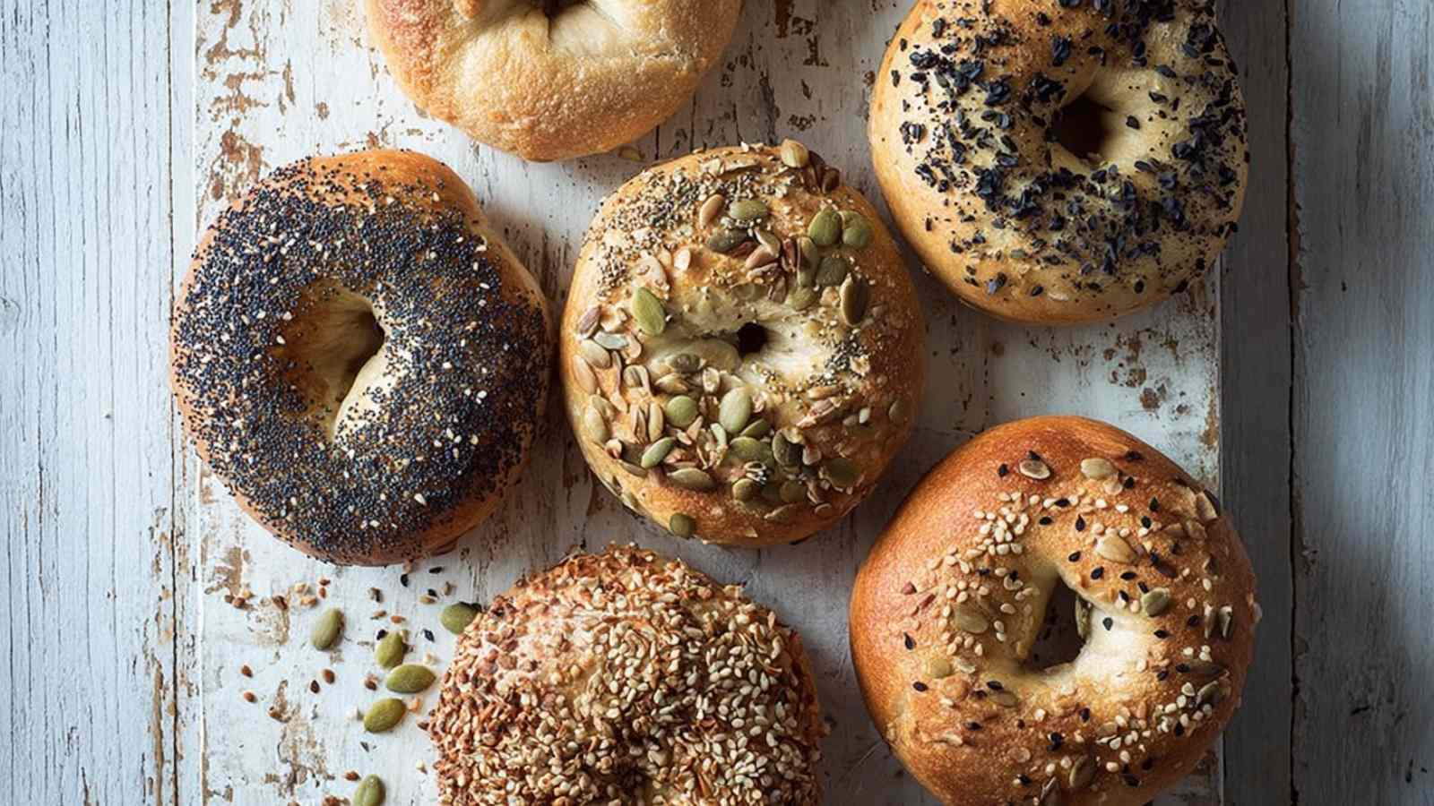Paul Hollywood-style bagels topped with seeds like poppy, pumpkin, sesame and caraway, arranged on rustic white board