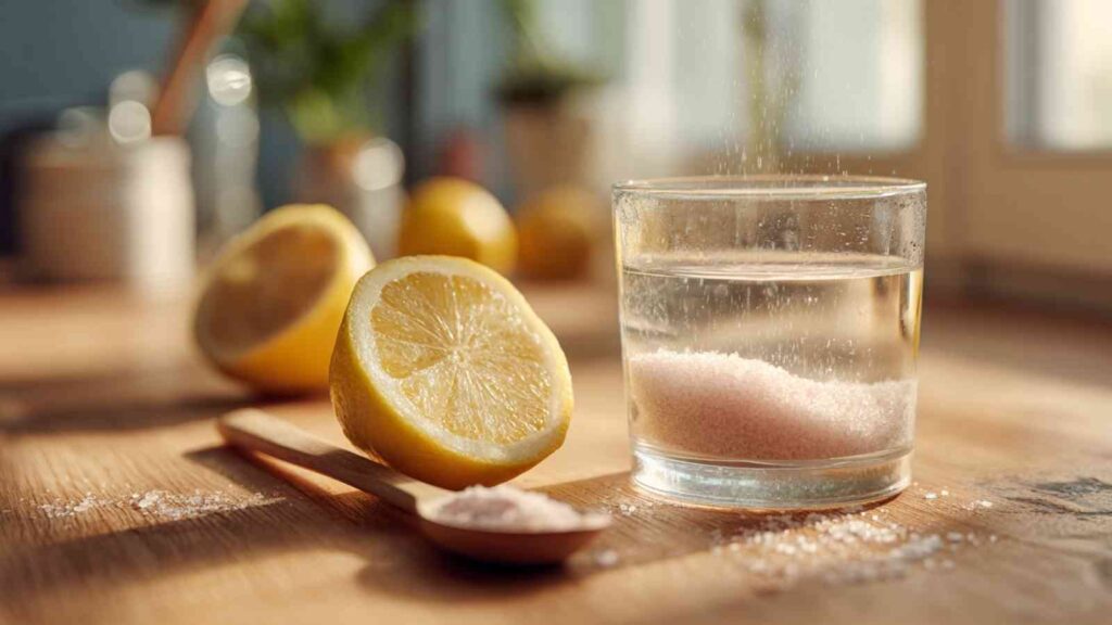Glass of water with pink salt and a lemon half on the side, sitting on a sunny kitchen counter