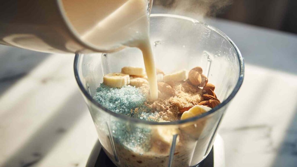 blue salt energy drink 8 Warm, steaming milk being poured from a measuring cup into a blender already containing sliced bananas, blue crystals, almonds, and brown powder, illustrating a step in preparing the "salt trick for men in bed recipe.