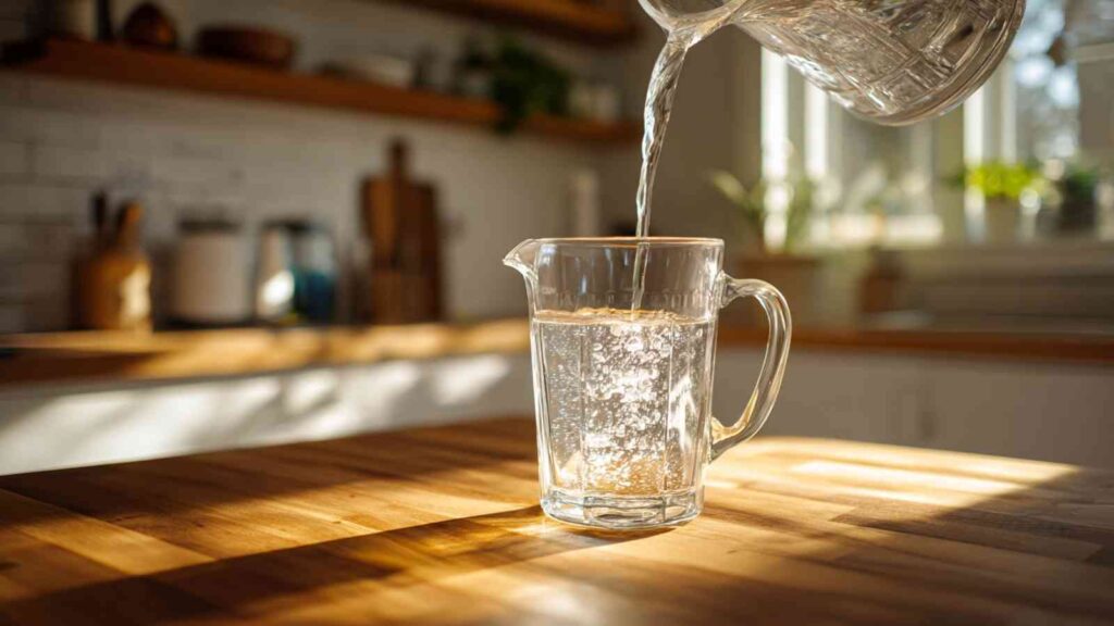 Filtered water being poured into a clear glass pitcher on a kitchen counter with warm natural light