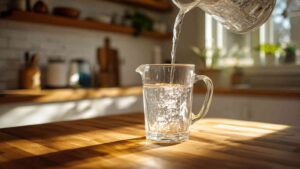 Filtered water being poured into a clear glass pitcher on a kitchen counter with warm natural light