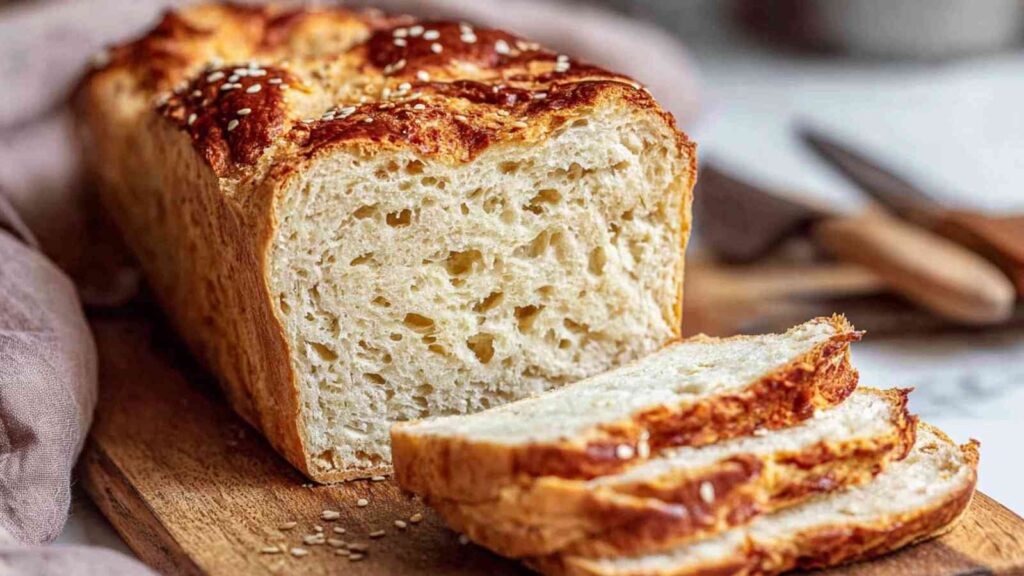 Freshly baked protein bread loaf with a golden-brown crust, topped with sesame seeds, and sliced to reveal a soft, airy interior.

