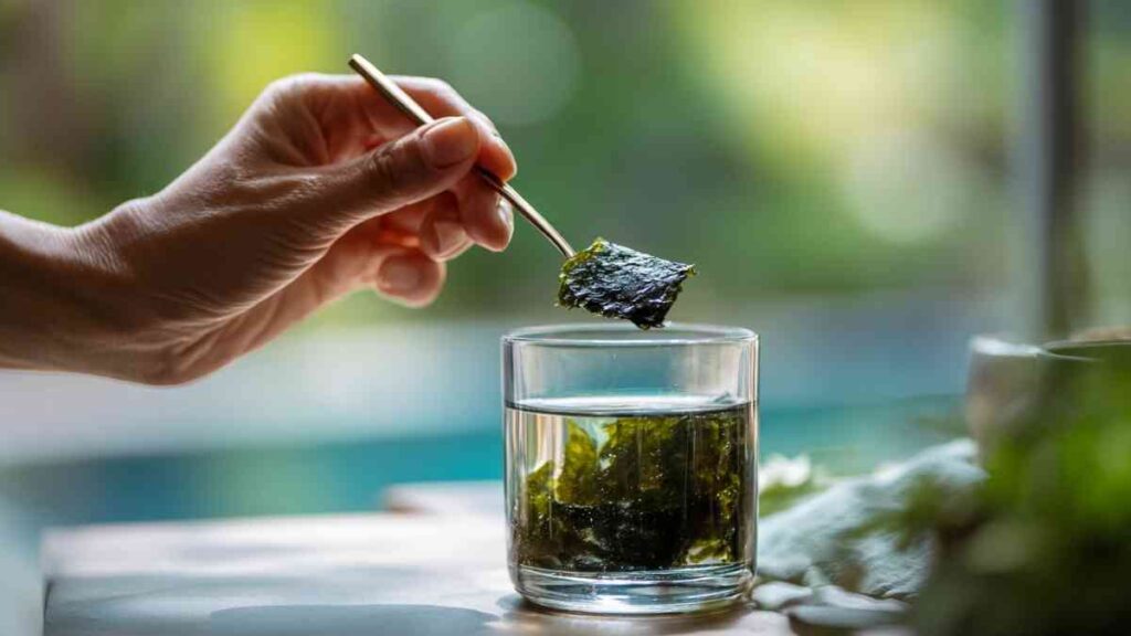 Secret Japanese Mounjaro Recipe 26 Hand using chopsticks to rehydrate a piece of kombu in a clear glass of water.