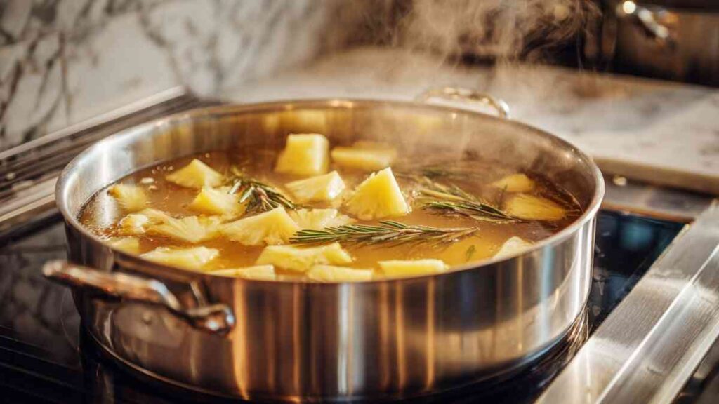 Costa Rican Tea Recipe with Pineapple & Ginger 23 Steel pot simmering with pineapple chunks, herbs, and golden liquid for Costa Rican Tea.