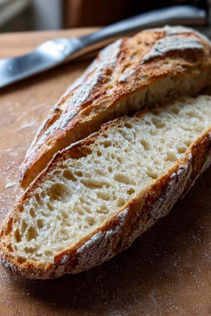 Close-up of sliced sourdough baguette showing a caramelized crust and airy interior crumb on a floured surface