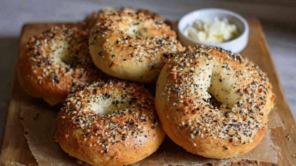 Golden sourdough discard protein bagels topped with everything seasoning, served on a rustic wooden board with a side of butter.

