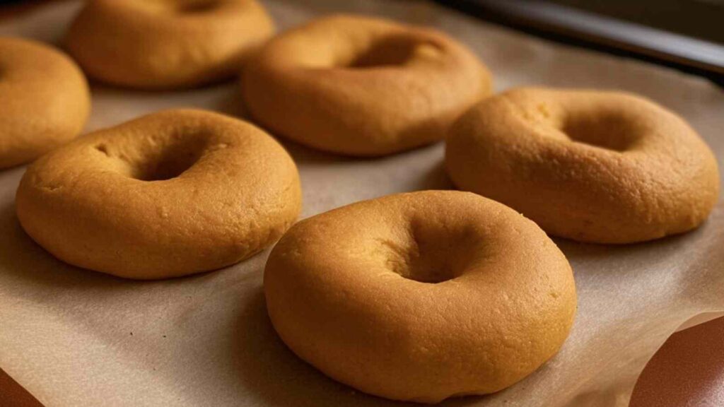 Raw sourdough pumpkin bagels proofing on parchment paper before boiling and baking