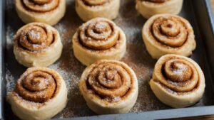 Unbaked sourdough cinnamon rolls arranged in a baking tray