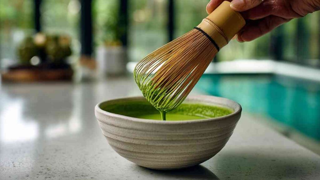 Secret Japanese Mounjaro Recipe 25 Close-up of bamboo whisk frothing matcha in a ceramic bowl on a white kitchen counter.
