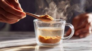 Close-up of hand adding ground cinnamon into steaming water in glass mug