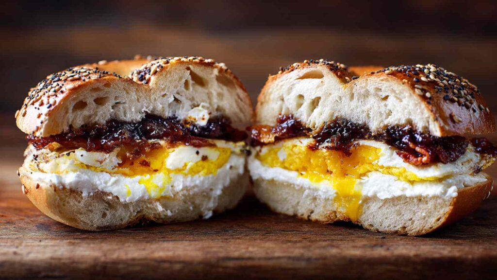 Classic Bacon Jam Bagel Sandwiches 11 A gourmet bagel sandwich cut in half, revealing layers of sesame seed bagel, dark homemade bacon jam, a perfectly fried egg with a visible runny yolk, and creamy white cheese (likely Gruyère), on a rustic wooden surface.