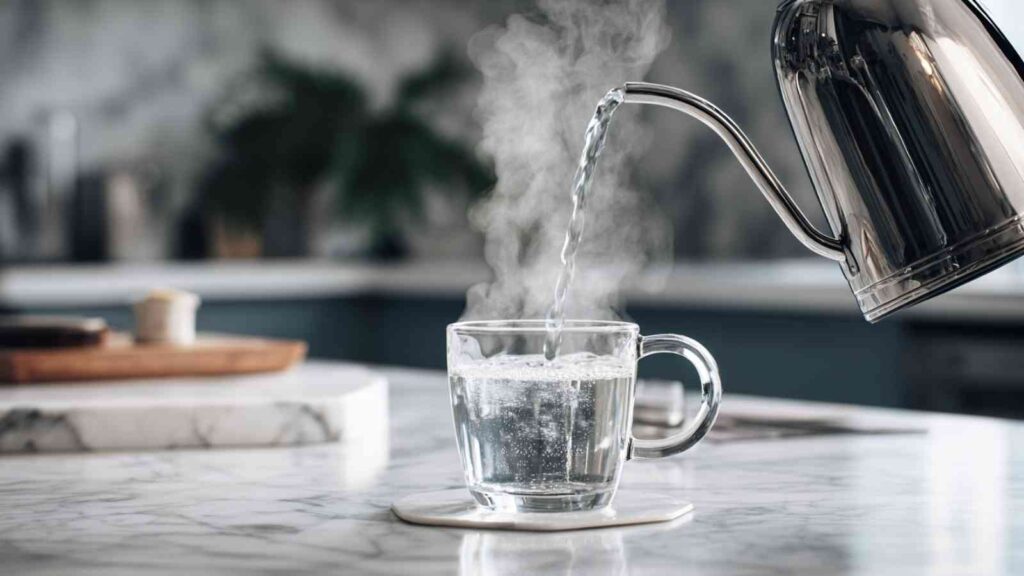 Filtered water being poured from kettle into glass mug with steam rising on marble countertop