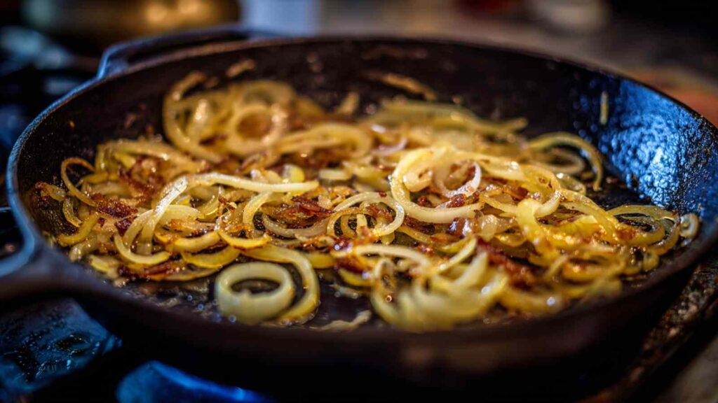 Classic Bacon Jam Bagel Sandwiches 9 Thinly sliced yellow onions and shallots slowly caramelizing to a golden-brown hue in a black cast iron skillet, glistening with rendered bacon fat.