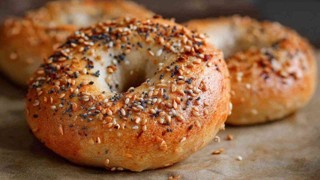 Close-up of a golden brown high-protein everything bagel topped with sesame and poppy seeds.

