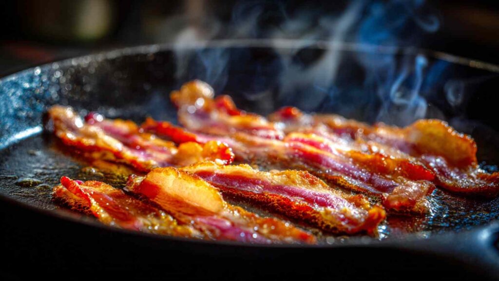 Classic Bacon Jam Bagel Sandwiches 8 Sizzling strips of bacon frying in a black cast iron skillet, with steam rising from the golden-brown, crispy edges, rendering fat for homemade bacon jam.