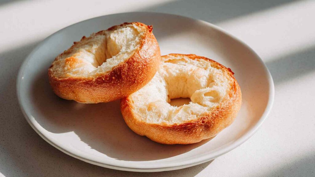 Perfect Air Fryer Toasted Bagels 9 golden air fryer toasted bagel halves on plate