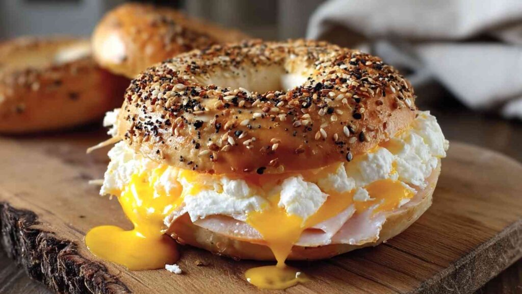 Close-up of a high-protein everything bagel sandwich with fluffy cheese, runny egg yolk, and turkey on a wooden board.