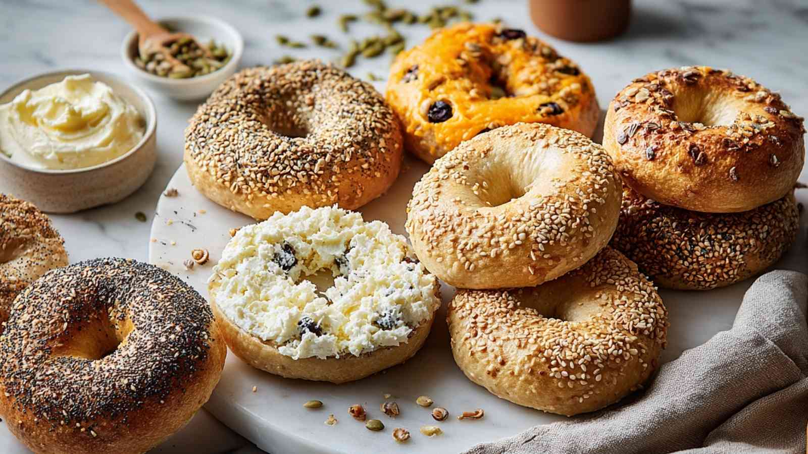 Overhead flat lay of assorted high protein bagels on marble countertop, including blueberry, cottage cheese, jalapeño cheddar, sourdough discard, keto, hero, and egg bagels arranged in a circle