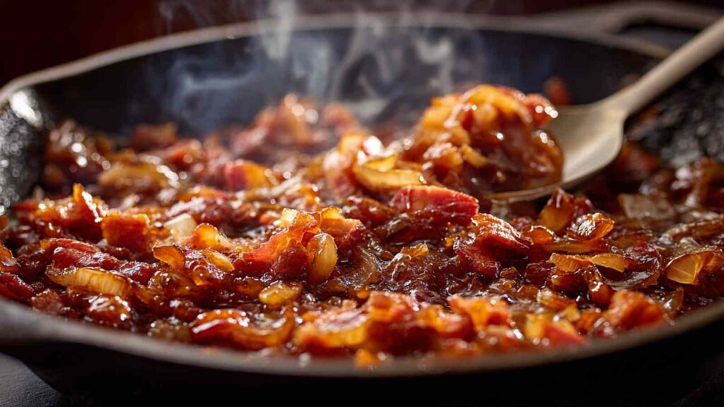 Classic Bacon Jam Bagel Sandwiches 10 A rich, dark, and thick homemade bacon jam simmering in a cast iron skillet, with a spoon stirring the mixture of chopped bacon and caramelized onions, steam rising.