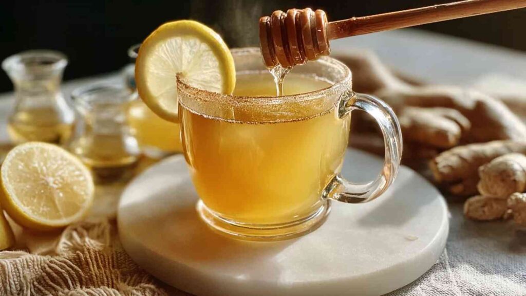 Glass mug of warm zepbound drink with lemon slice and honey drizzle, ginger and ACV in background