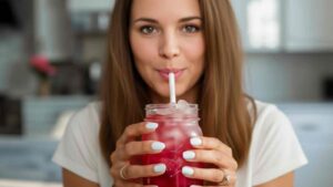 Lotus drink recipe served in a mason jar with ice, being enjoyed with Emily Rose Carter