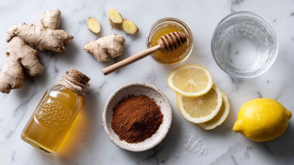 Flatlay of ginger, cinnamon, lemon slices, honey, apple cider vinegar, and filtered water for natural zepbound recipe
