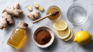 Flatlay of ginger, cinnamon, lemon slices, honey, apple cider vinegar, and filtered water for natural zepbound recipe